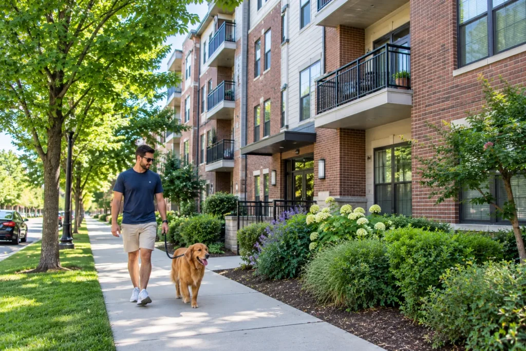 Person walking a medium-sized dog outside an apartment building