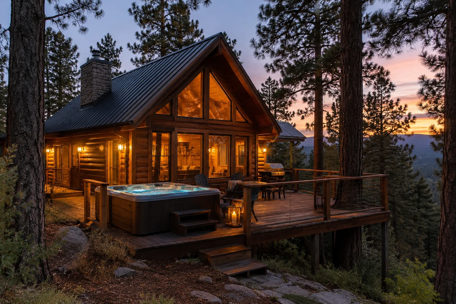 Log-style cabin with a deck and lit hot tub surrounded by pine trees in Hochatown, Oklahoma