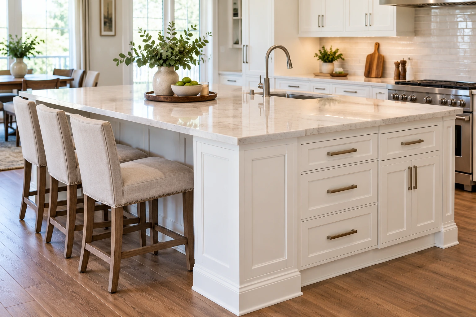 Kitchen island with white base cabinets, drawers, and a quartz countertop with three bar stools