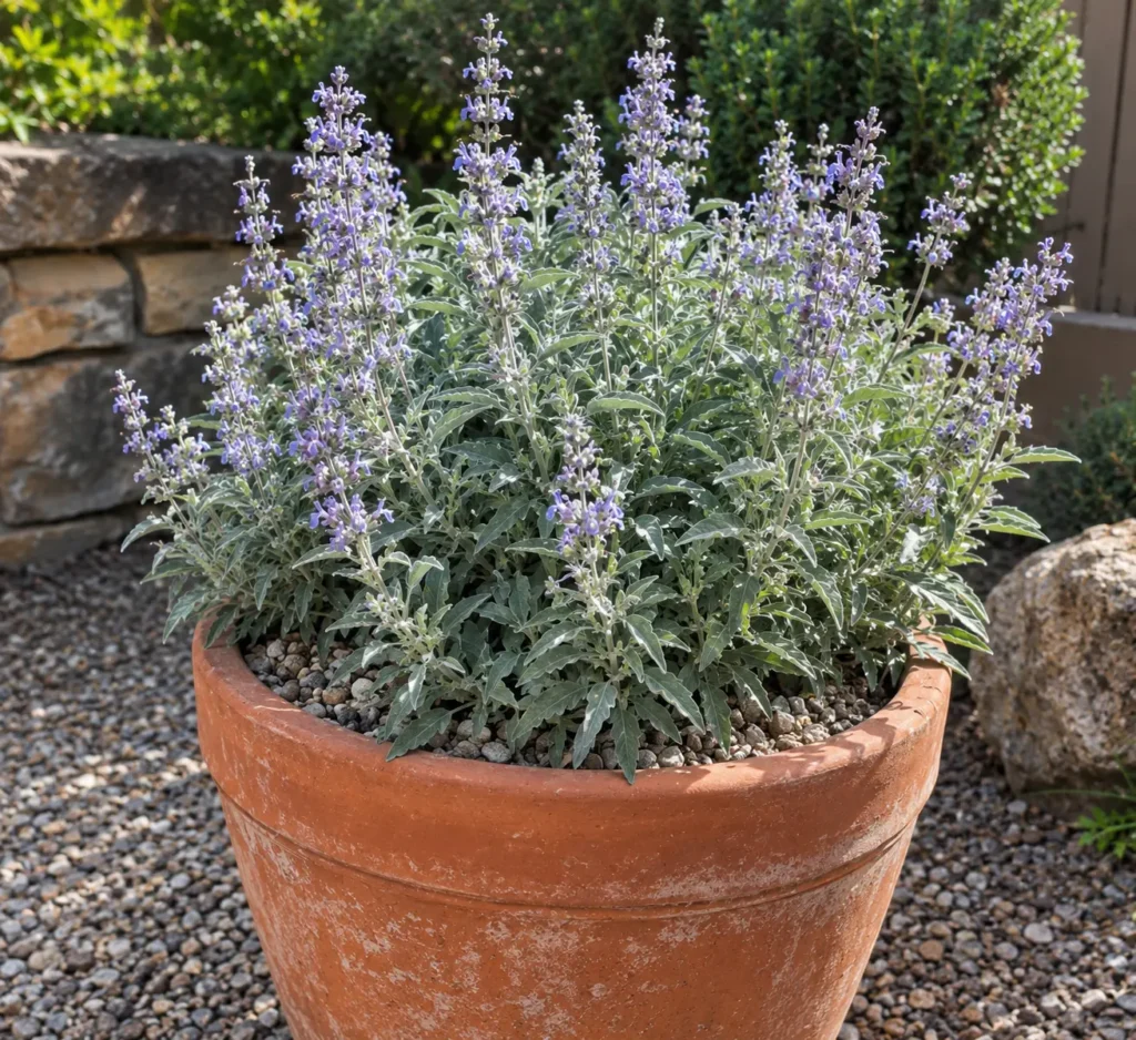 AI-generated illustration of a young white sage plant in a terracotta pot filled with gritty, fast-draining soil