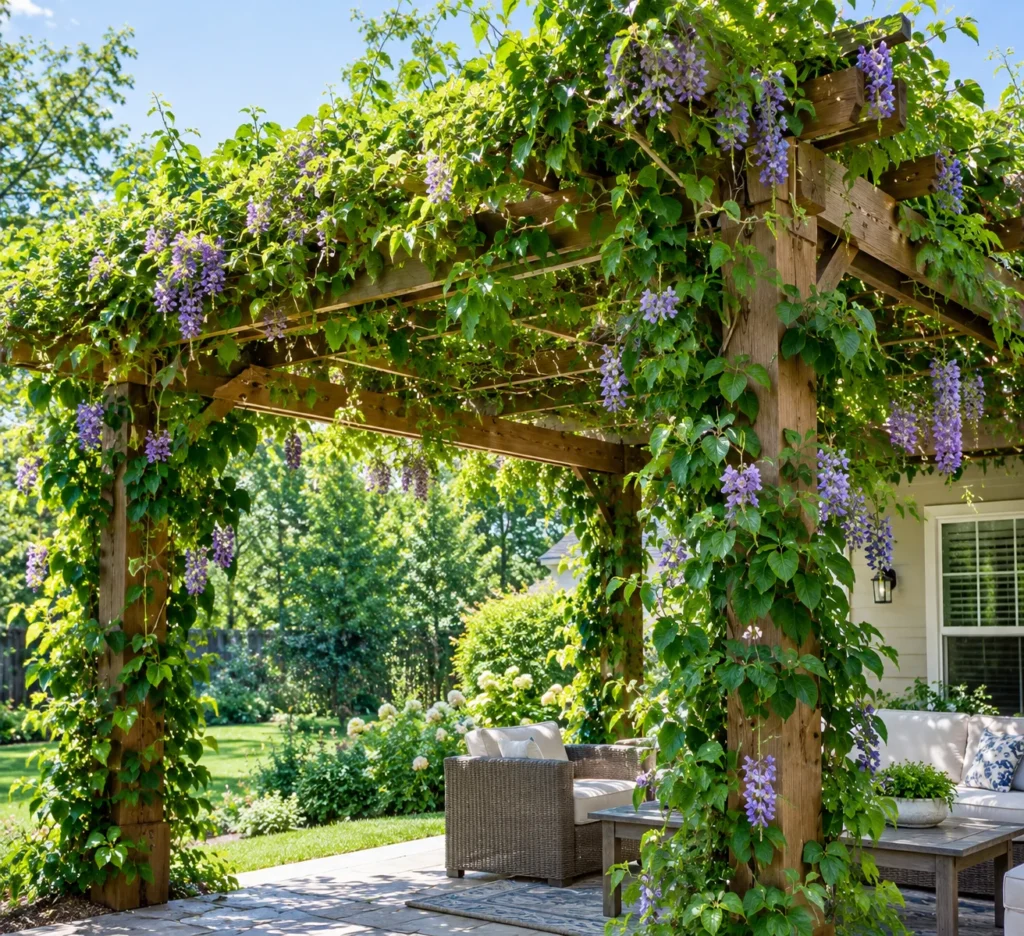 Amethyst Falls wisteria vine growing over a sturdy wooden pergola in a backyard garden