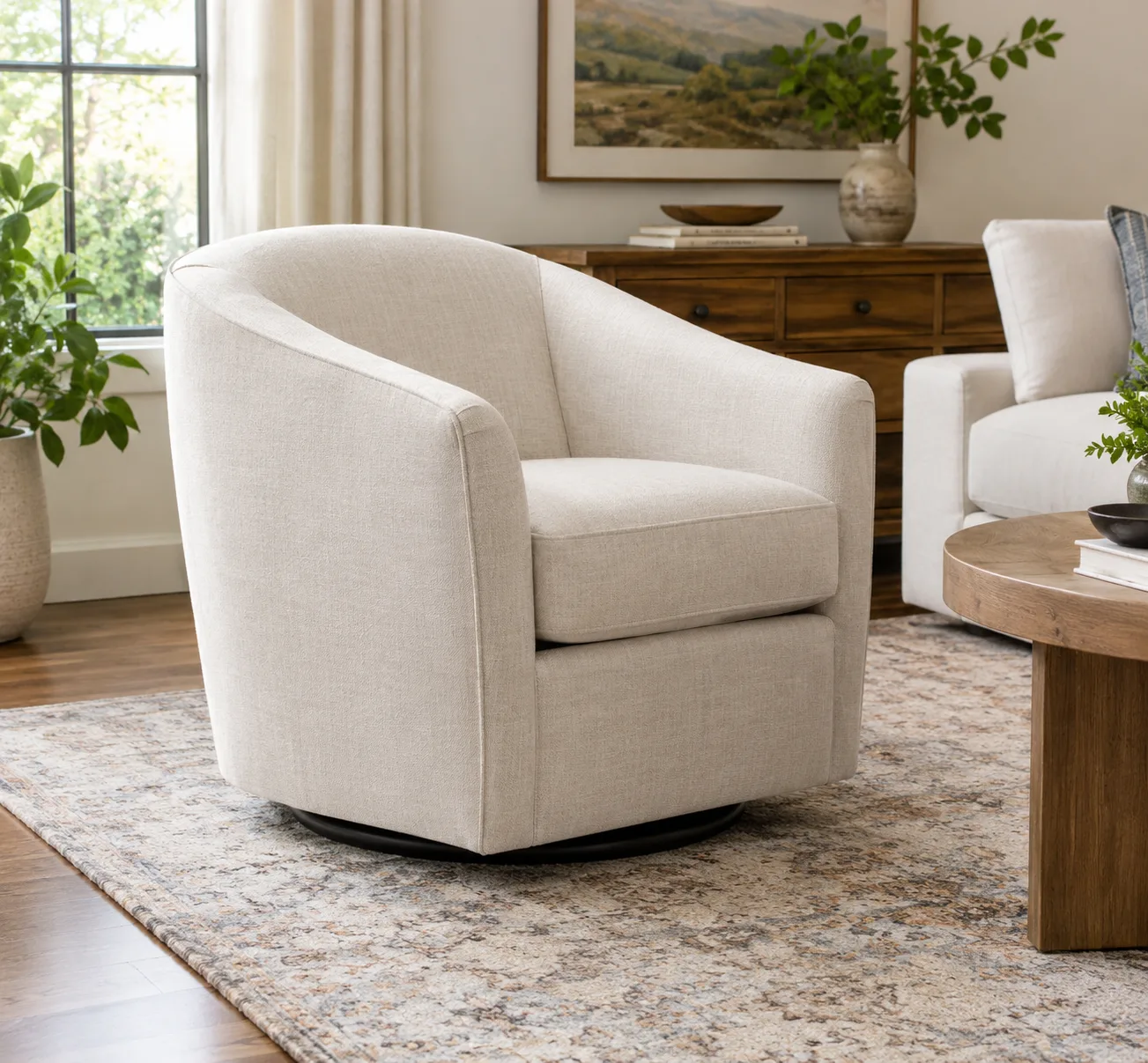 AI generated illustration of Beige linen-look upholstered swivel armchair with square arms and a dark wood base in a living room