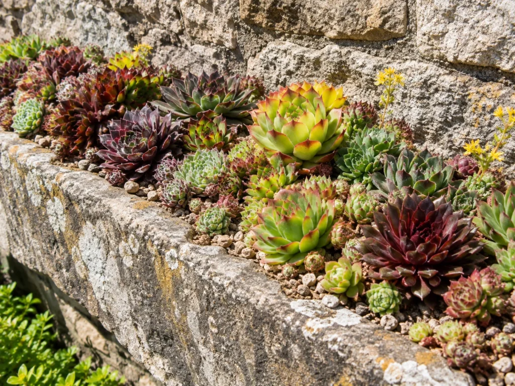 Shallow stone trough planted with red, green, and purple sempervivum varieties