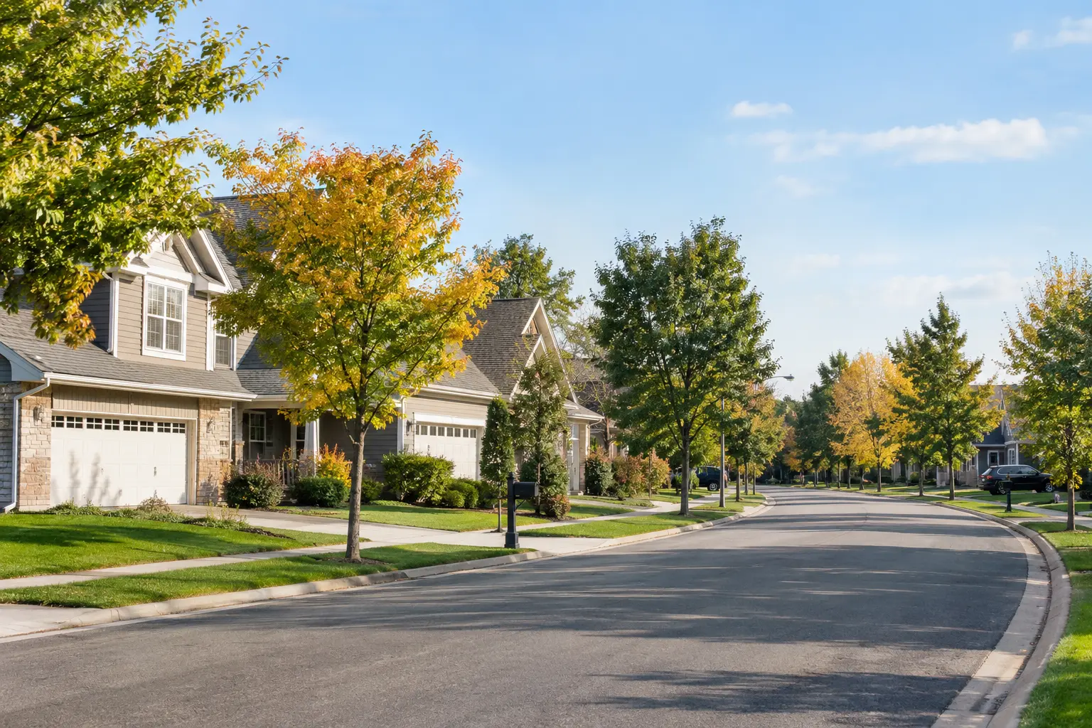 AI generated Illustration of Suburban street with single-family homes in Dakota County, Minnesota
