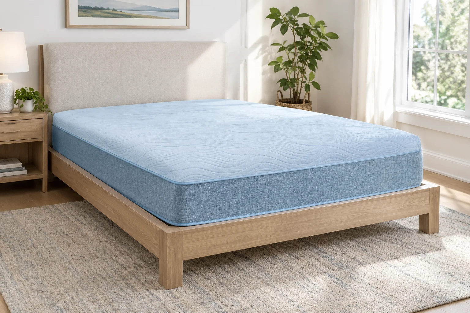 Sierra Sleep Peak 2.0 12-inch hybrid mattress with light blue cover on a bed frame