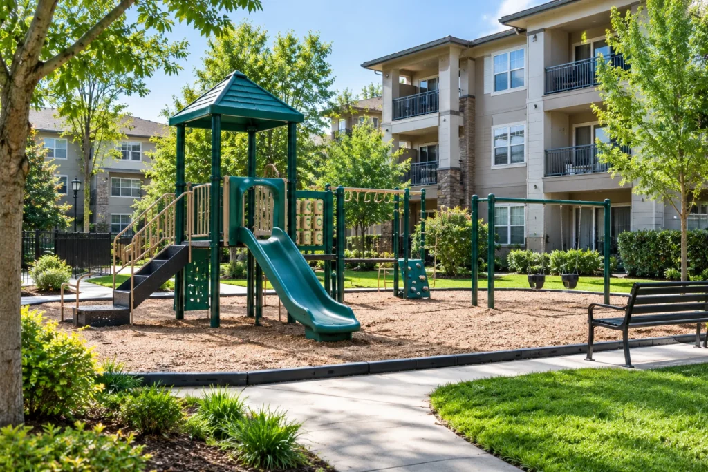 Children's play area on the grounds of Parkview Family Apartments in San Jose