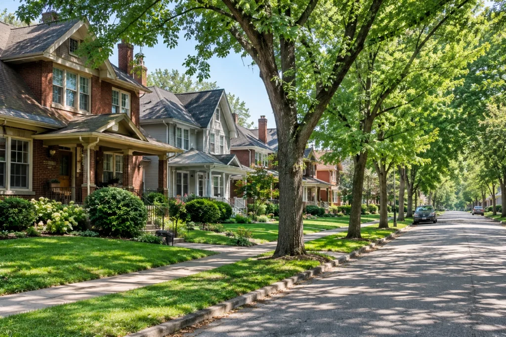 Tree-lined residential street with early 20th-century brick and frame houses in Fort Wayne, Indiana