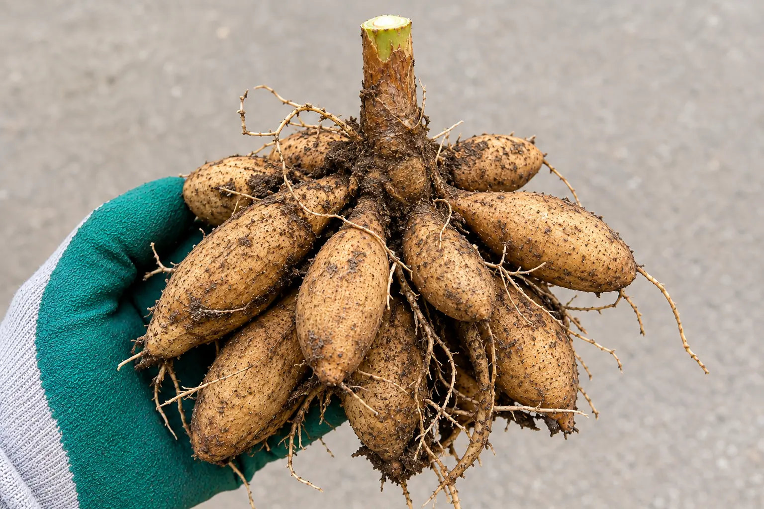 Dahlia tuber clump showing thick necks, crown and a small pink eye ready to sprout