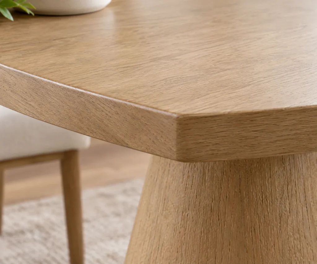 AI-generated illustration of a beveled oak tabletop edge beside a matte cast steel base