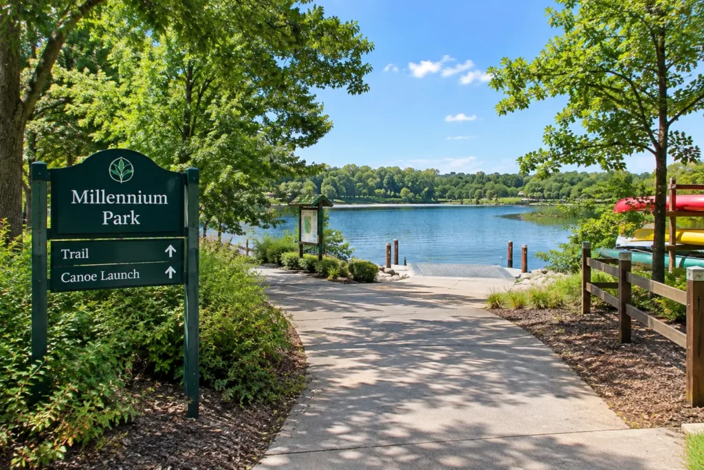 Walking trail at Millennium Park in West Roxbury overlooking the Charles River.