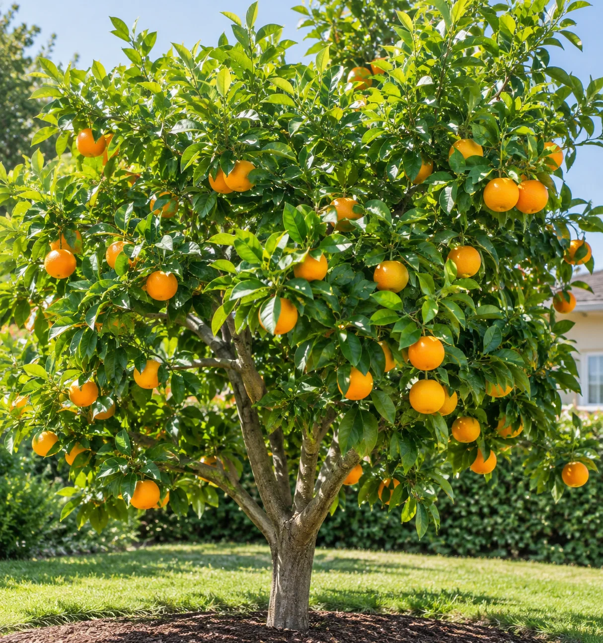A healthy orange tree with ripe oranges, glossy green leaves, and a sturdy trunk growing in a sunny garden.