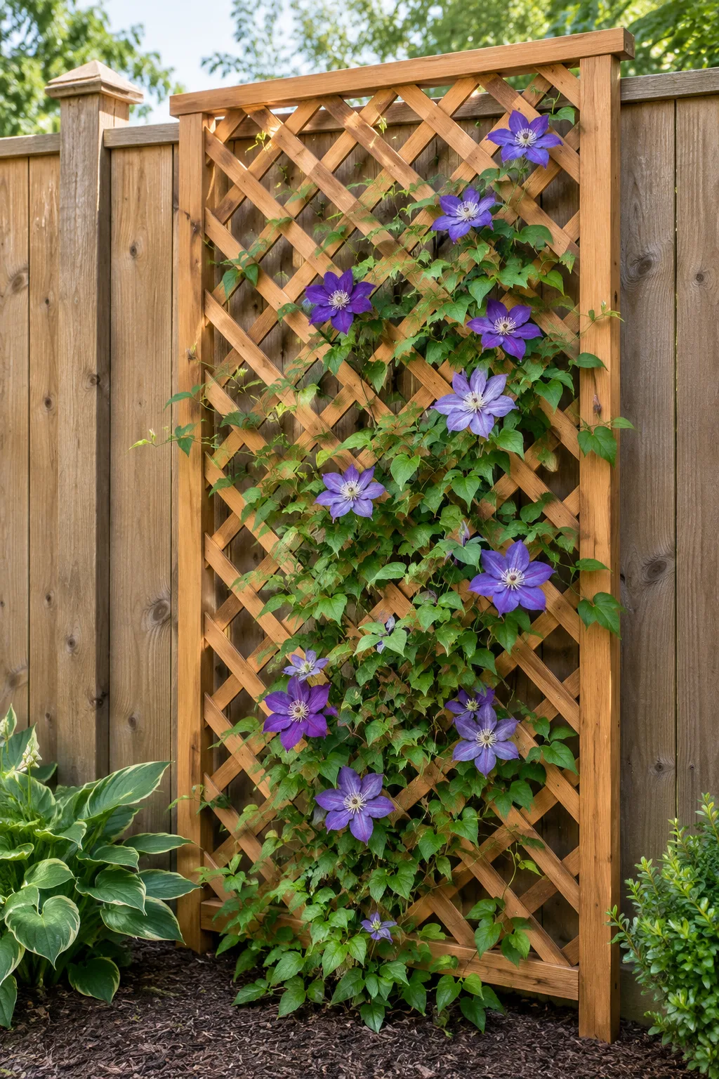 AI generated Illustration of Cedar lattice trellis with a flowering clematis vine growing up it beside a wooden fence