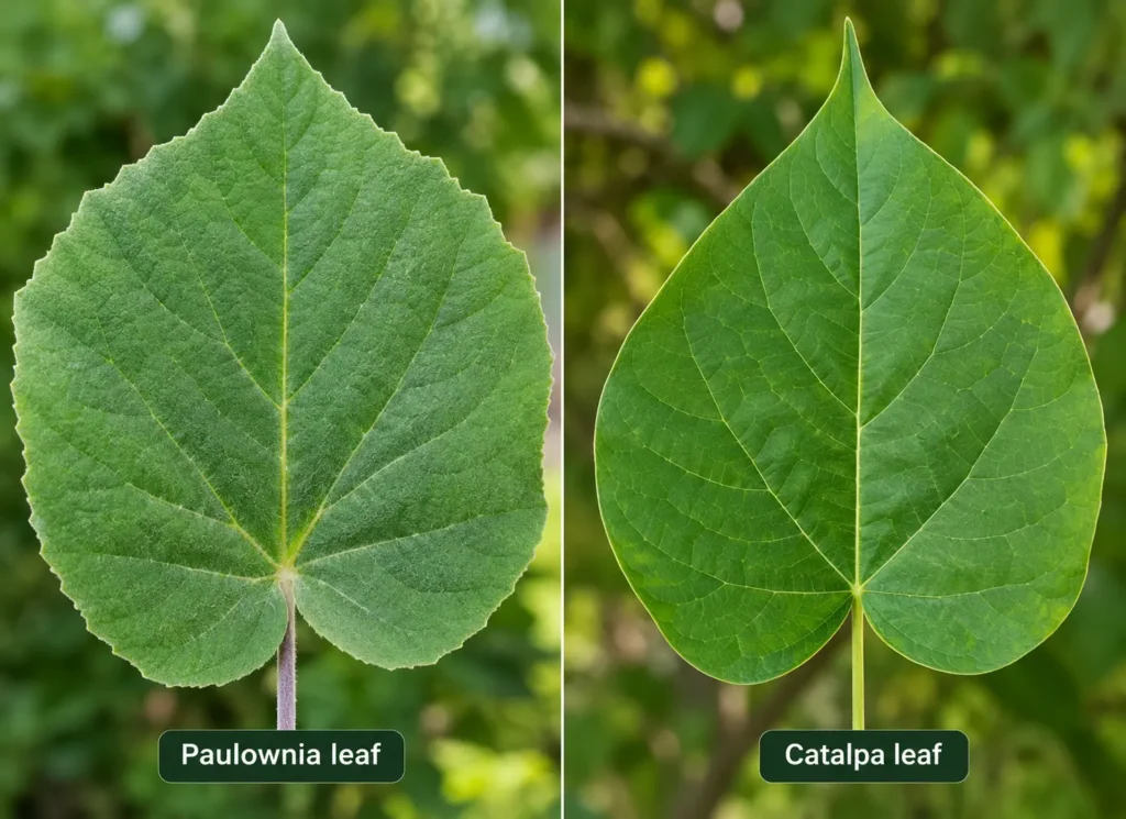 AI-generated illustration of a large fuzzy heart-shaped paulownia leaf held next to a smoother catalpa leaf for comparison