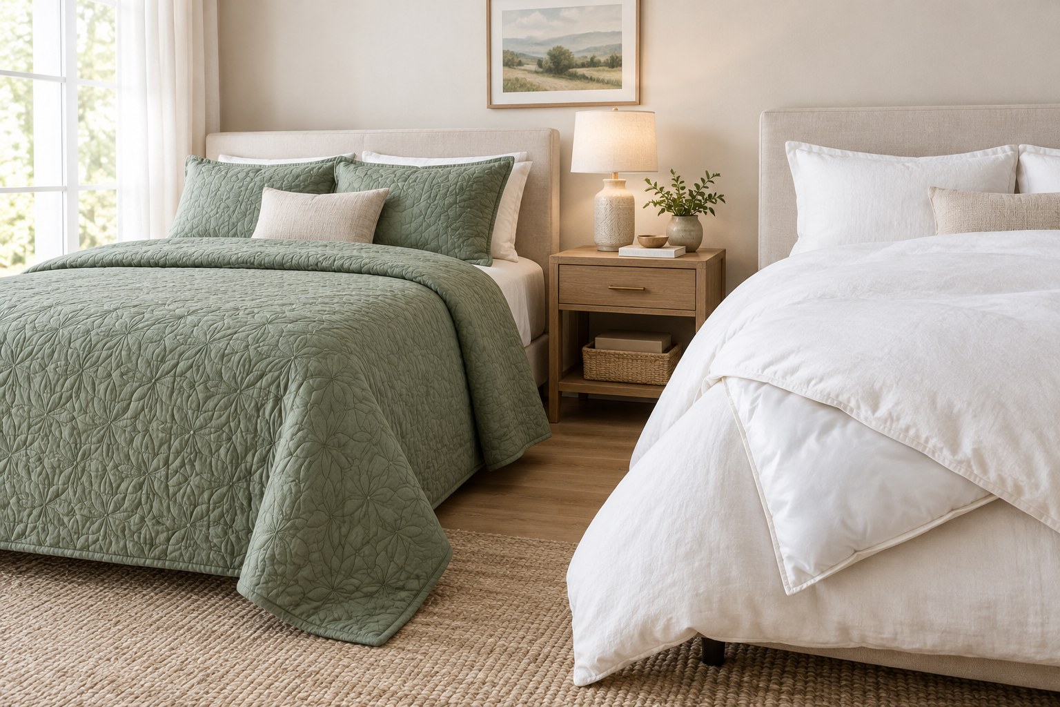 AI-generated illustration of a quilted comforter on one bed and a white duvet with a corner folded back to show the insert, in a bright bedroom.
