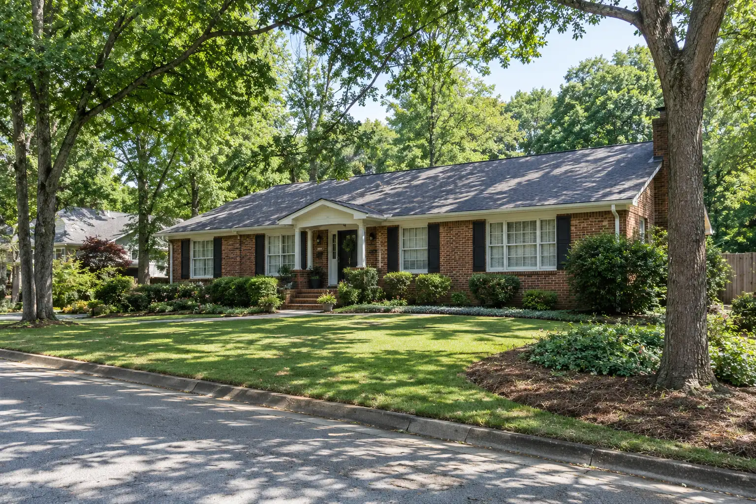 AI generated illustration of Brick ranch-style house with a large front lawn and mature trees in a Tucker, Georgia neighborhood.