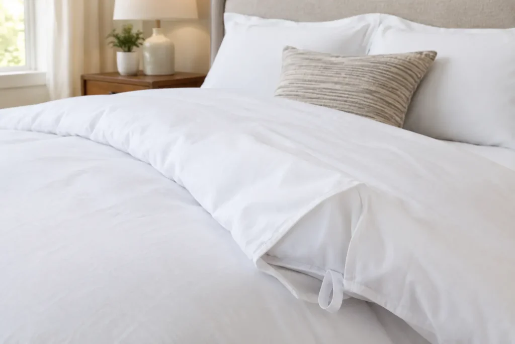 AI-generated illustration of a bed made with a white duvet cover and a folded-back corner showing the duvet insert inside