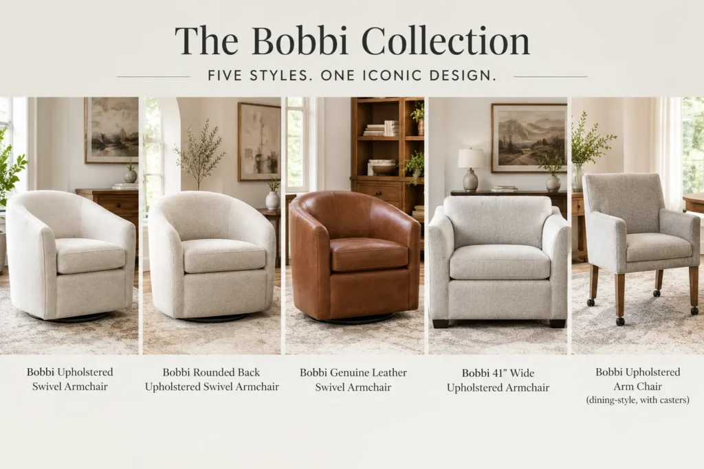 AI-generated illustration of five armchairs shown side by side, including swivel, leather and non-swivel styles