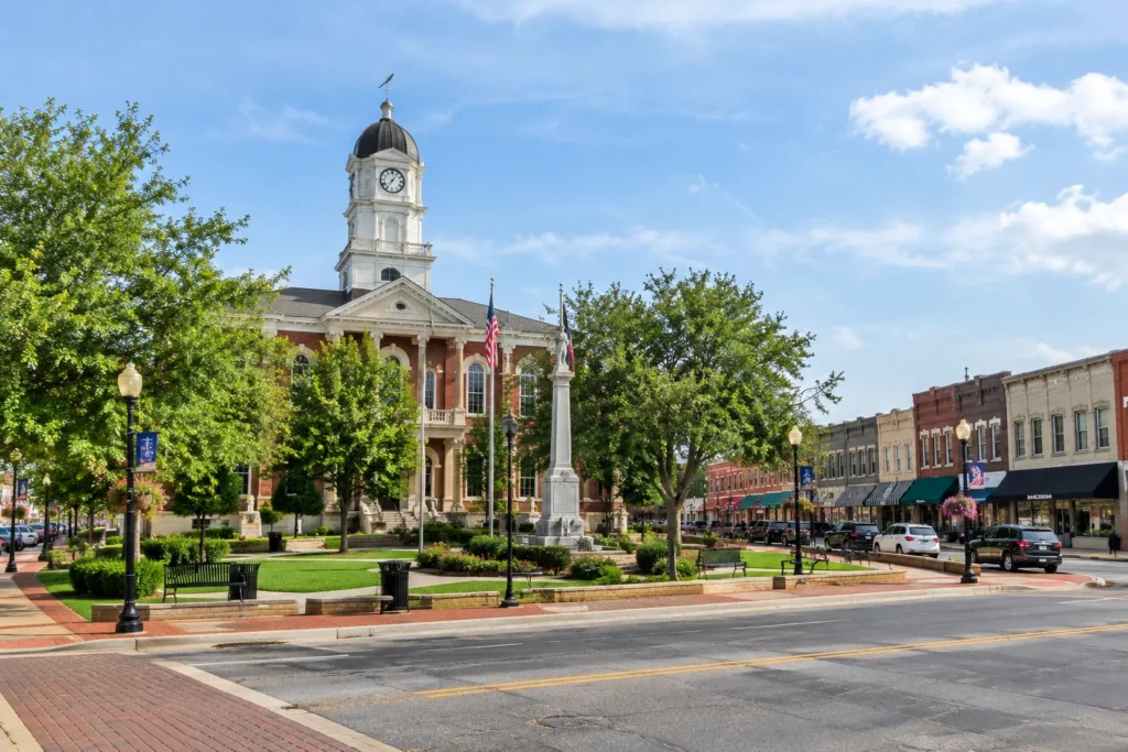 Historic courthouse square and storefronts in downtown Macomb, Illinois