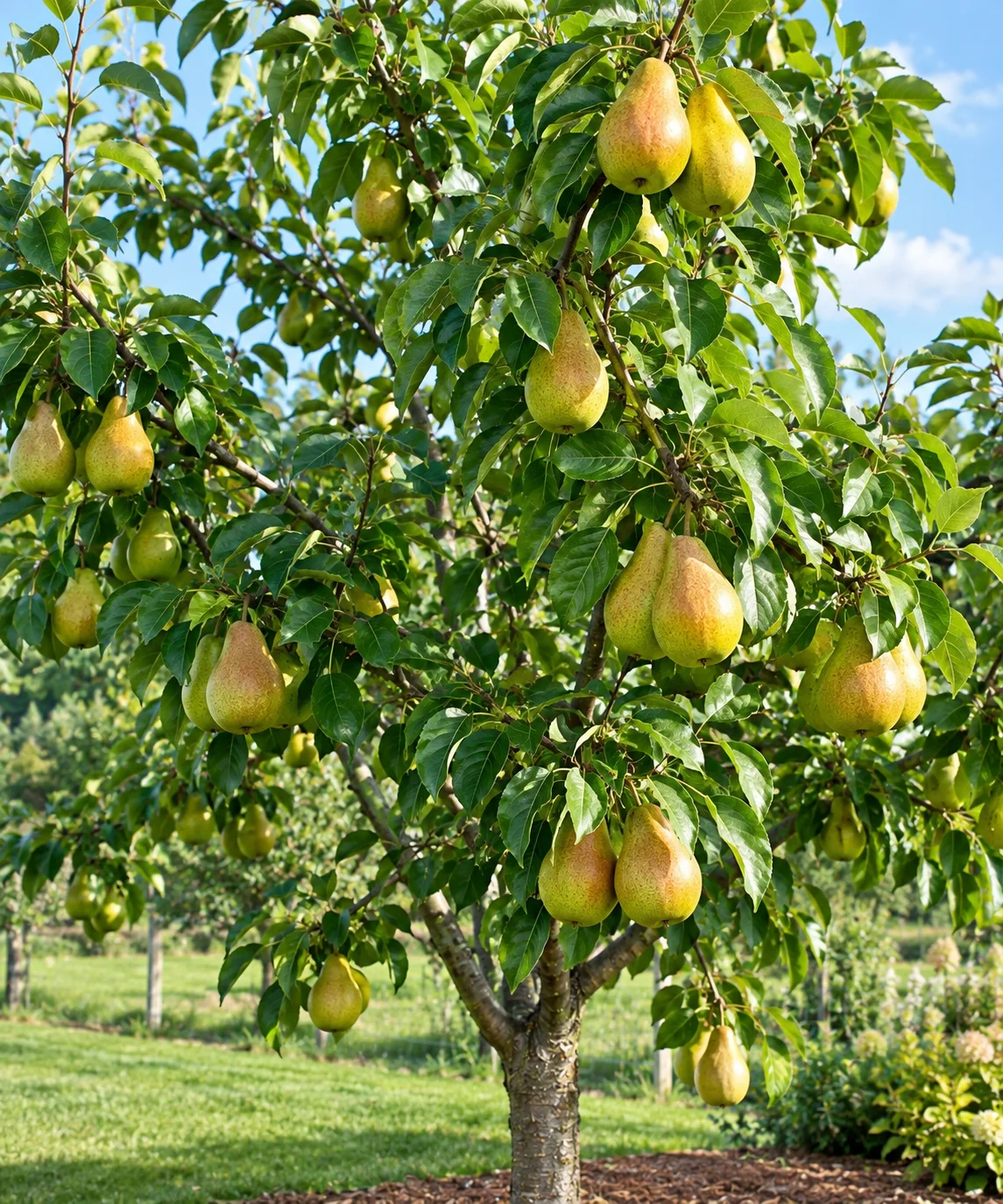 Pear tree with ripe green and golden fruit growing in a sunny orchard