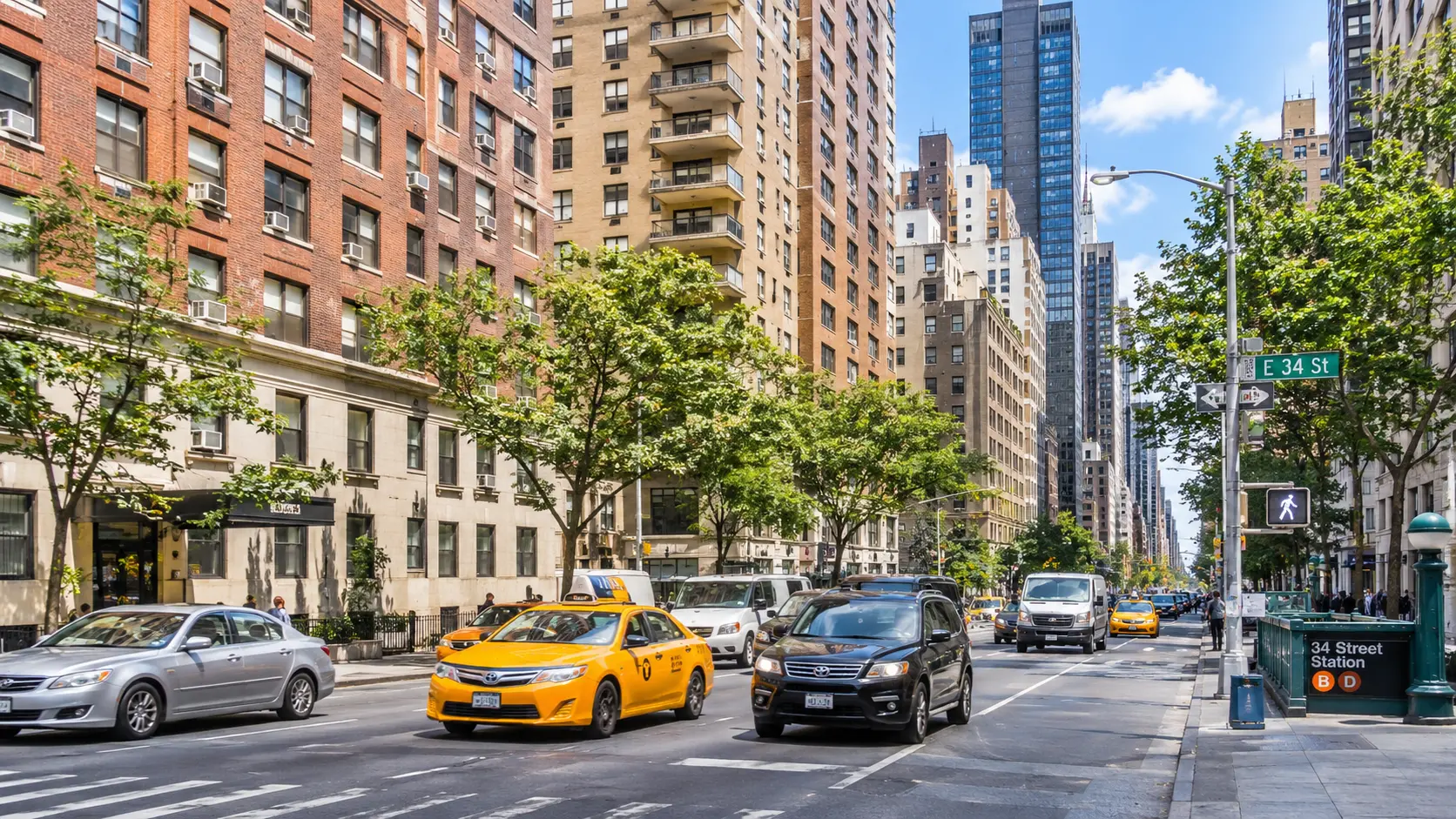 AI generated Illustration of Street-level view of residential apartment buildings along East 34th Street in Manhattan