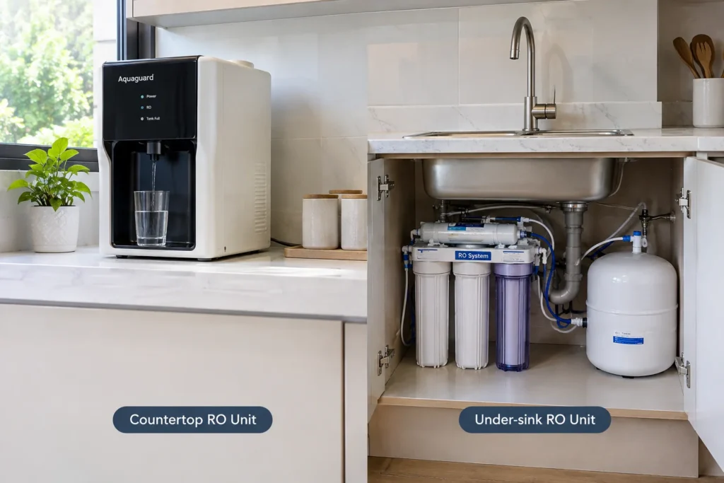 Countertop reverse osmosis unit shown beside an under-sink reverse osmosis system