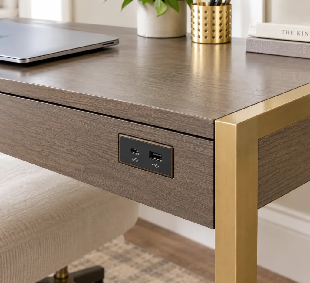AI-generated illustration of a close-up of the USB port on the edge of a glossy writing desk above a gold metal base