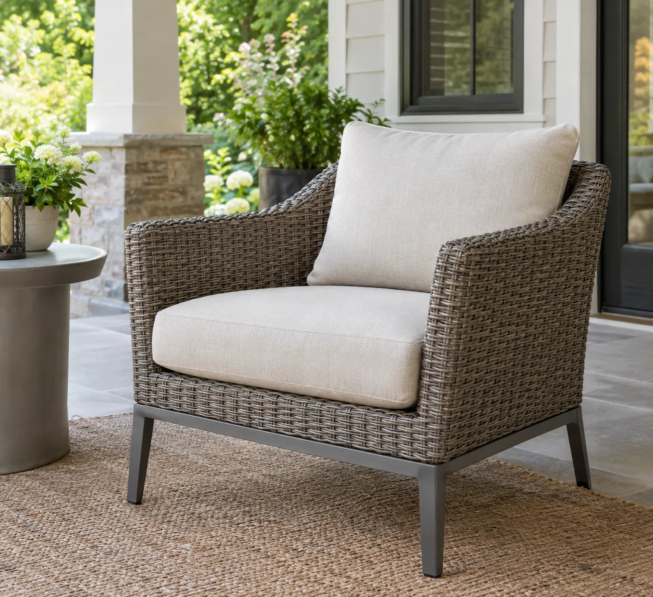 AI generated Illustration Of Brown resin wicker lounge chair with a beige cushion on a covered patio
