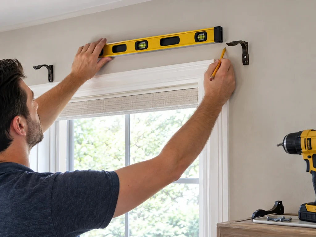 Level and pencil marks above a window for mounting curtain rod brackets
