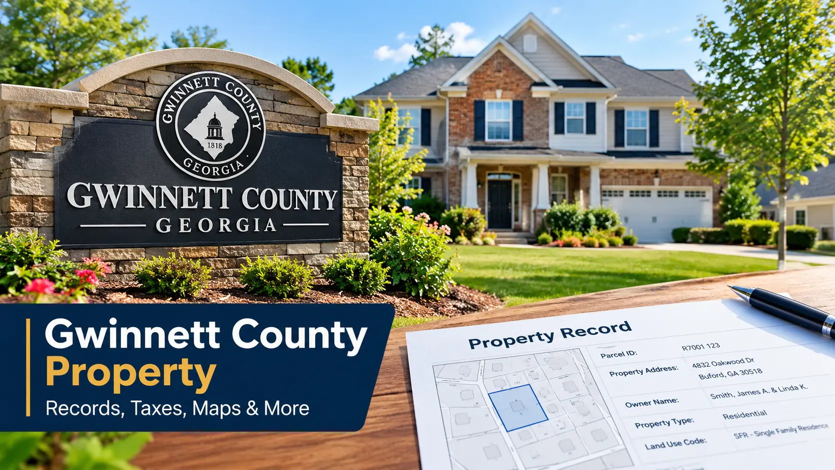 Gwinnett County property records and tax information featuring a suburban home, county sign, and property parcel map in Georgia.