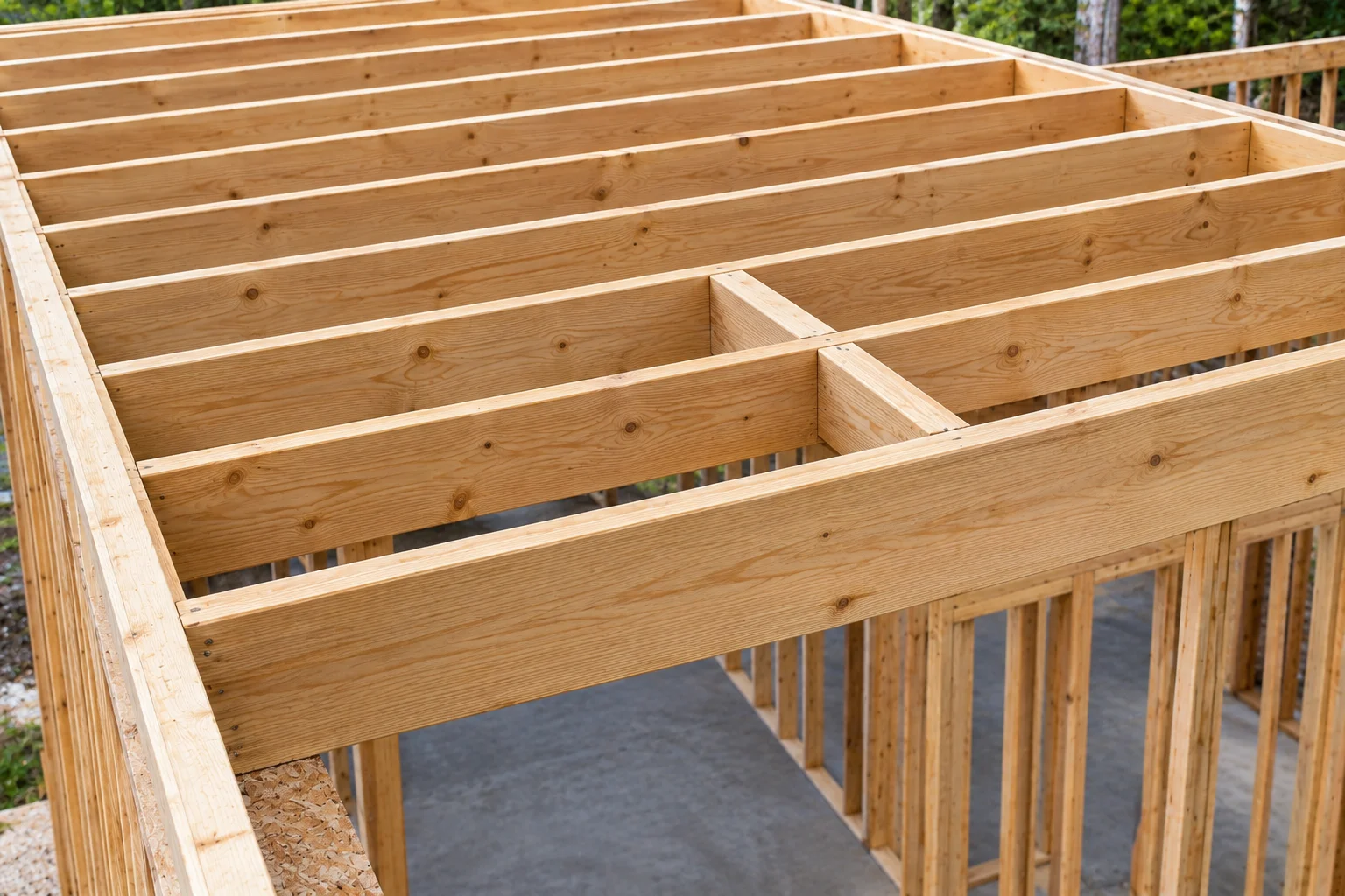 Framed floor with 2x10 joists spaced 16 inches on center and blocking between them
