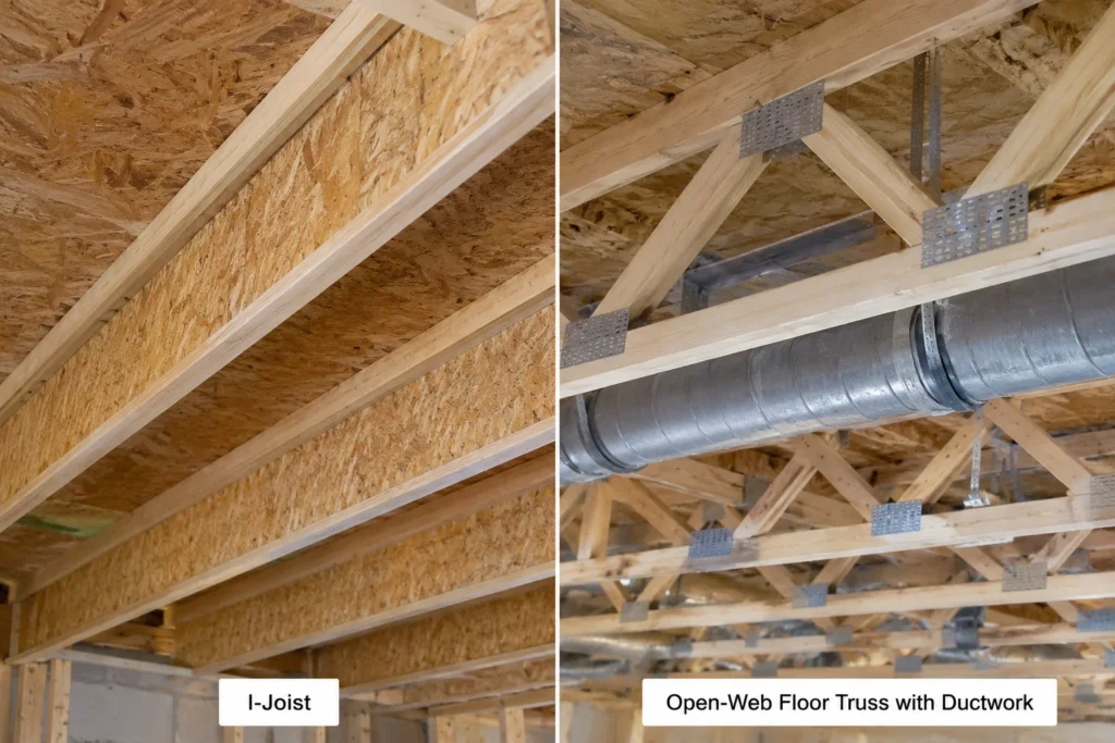 I-joist and open-web floor truss shown side by side with ductwork through the truss