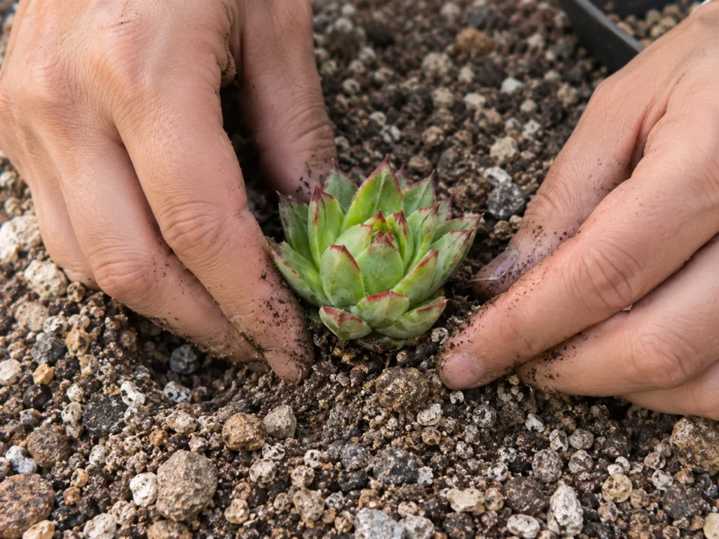 Person planting a sempervivum rosette in coarse gritty soil with the leaves sitting above the soil line