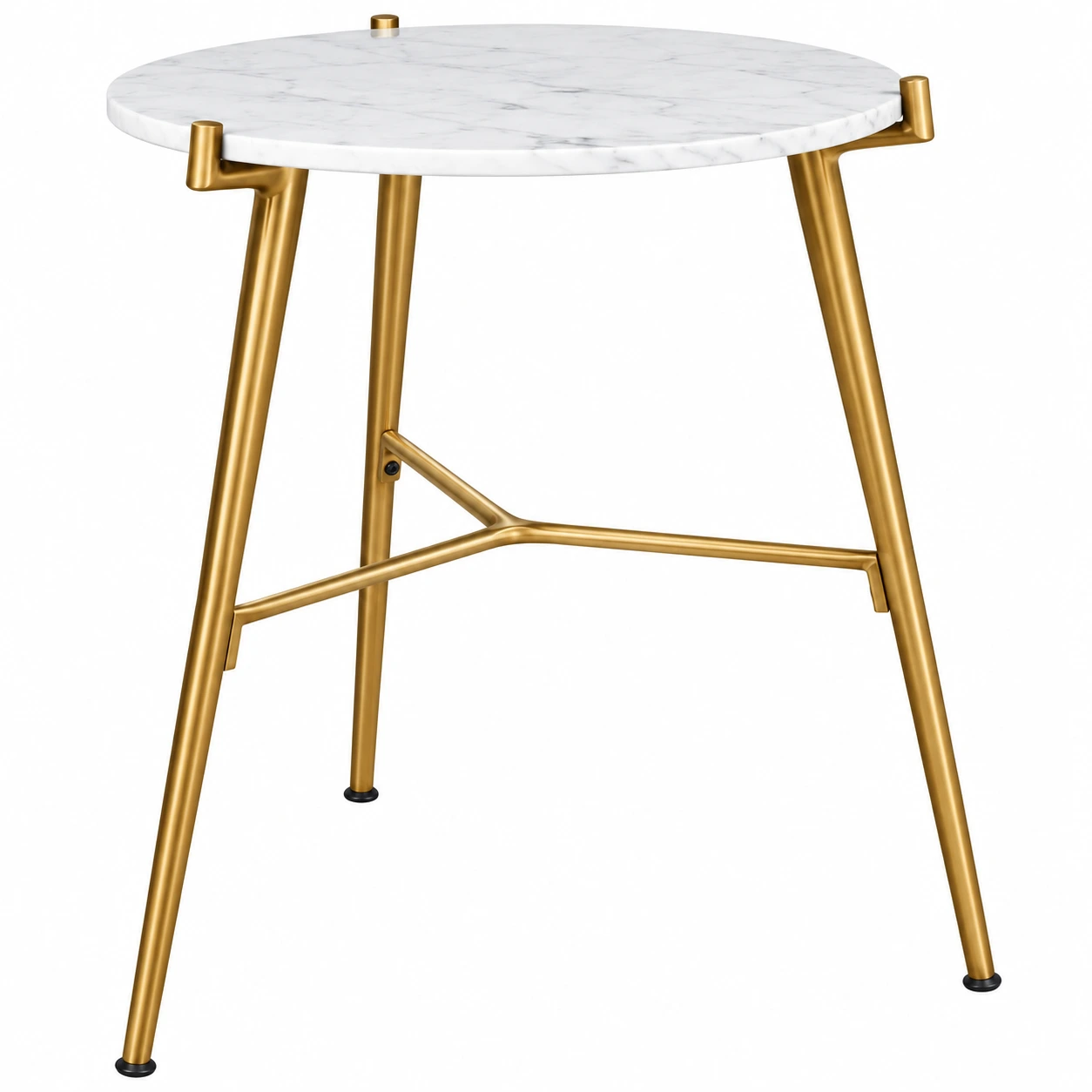 Round white marble accent table with a gold-tone tripod base next to a gray sofa