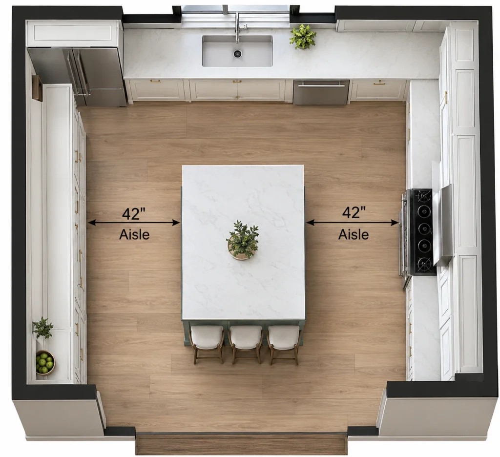 Floor plan diagram of a kitchen island with 42-inch aisles on both sides and a 15-inch seating overhang.