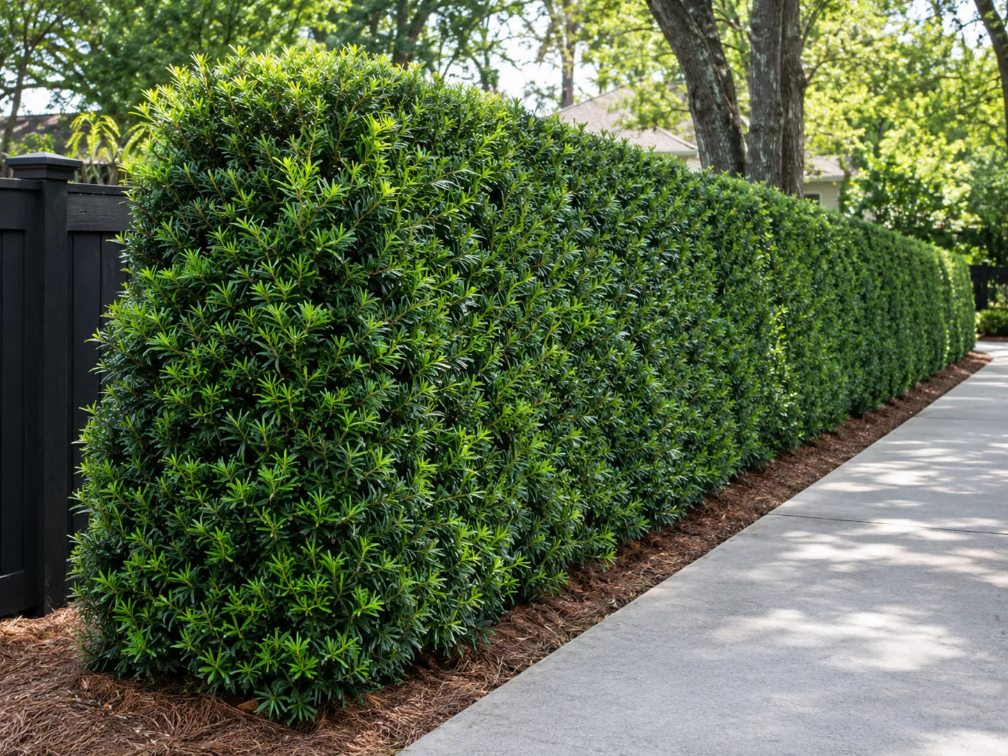Clipped podocarpus hedge with a narrow top and wider base along a residential fence