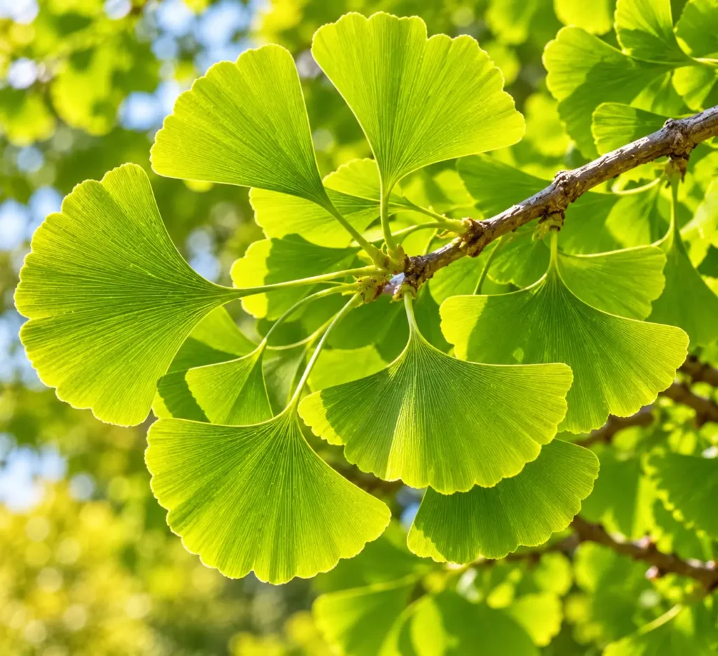 AI-generated illustration of a close-up of green fan-shaped ginkgo leaves with a notched tip on a branch