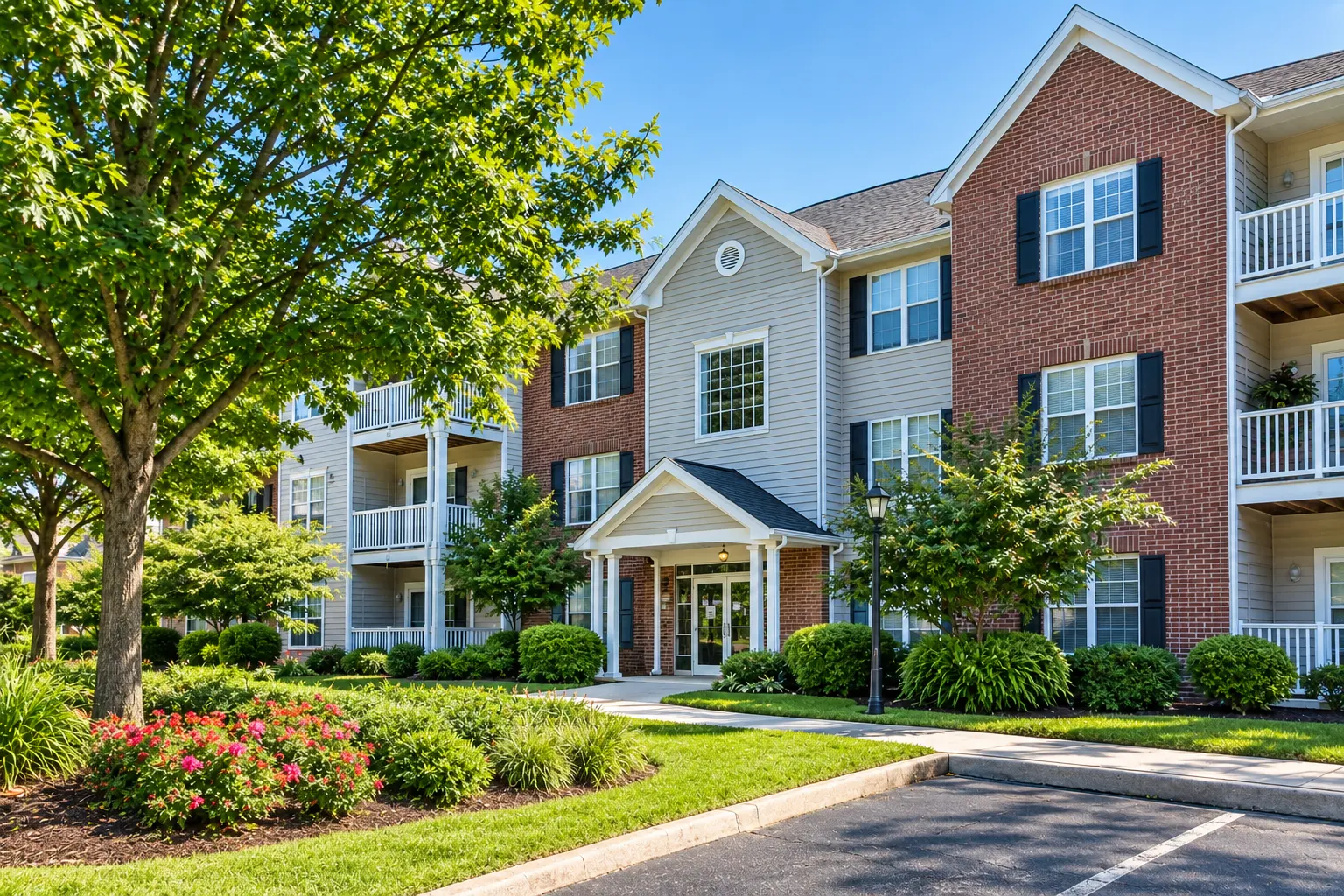 AI generated illustration of Exterior of an apartment building at Willow Brook Court on River Birch Drive in Brookfield, Wisconsin