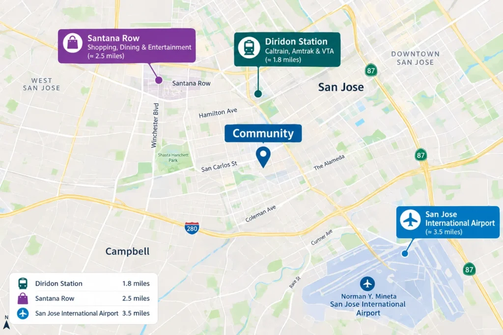 Map of central San Jose showing 360 Meridian Ave relative to Diridon Station and Santana Row
