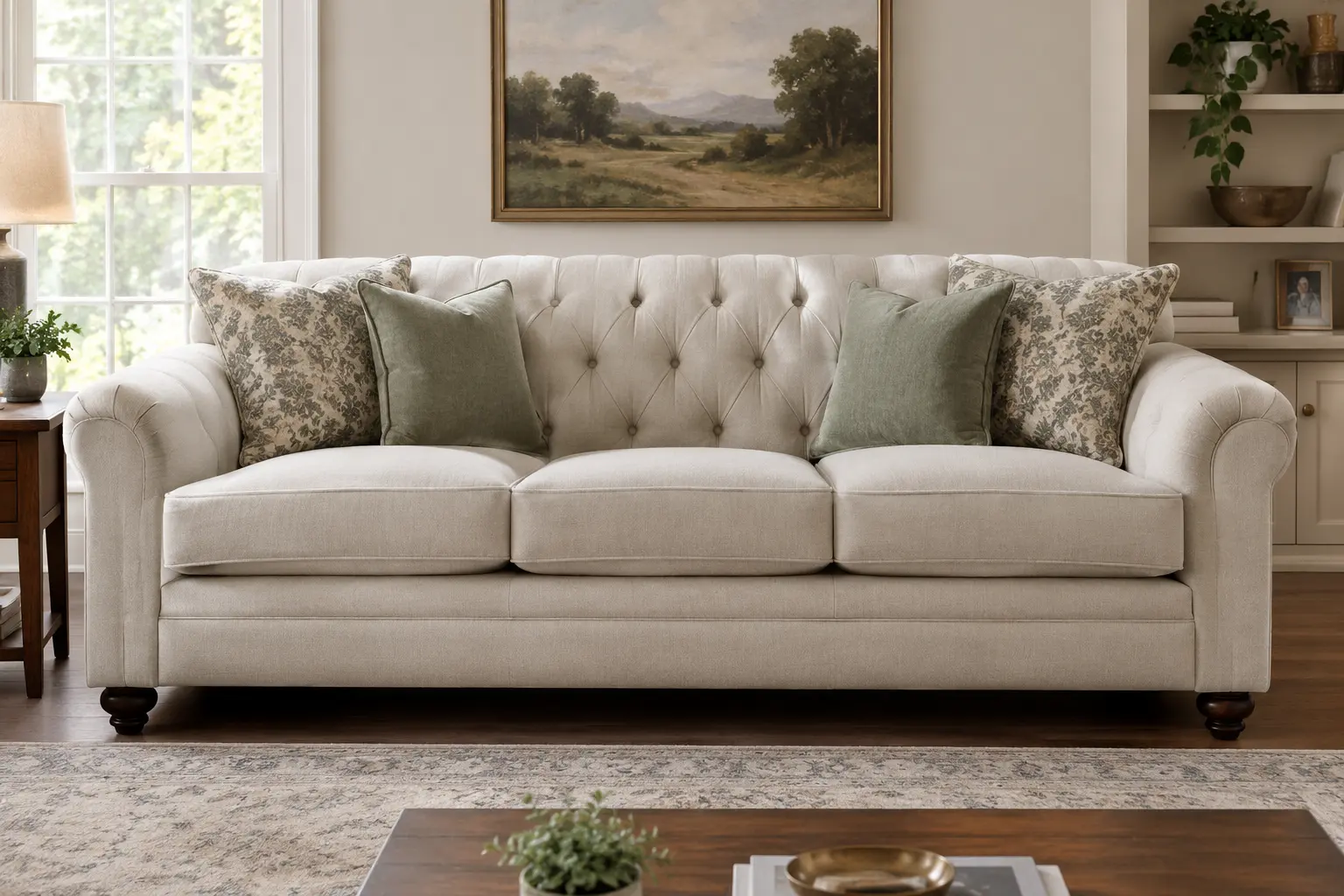 Microfiber Ashley Accrington sofa with padded arms and loose seat cushions in a living room.